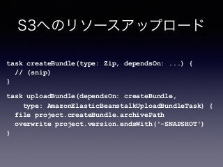 S3へのリソースアップロード
task createBundle(type: Zip, dependsOn: ...) { 
// (snip) 
}
task uploadBundle(dependsOn: createBundle, 
type: AmazonElasticBeanstalkUploadBundleTask) { 
file project.createBundle.archivePath 
overwrite project.version.endsWith('-SNAPSHOT') 
}
 
