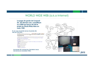 WORLD WIDE WEB (a.k.a Internet)
La page de garde de l’exposé
de Tim Berners-Lee, scientifique
au CERN qui lança de fait le
projet du World Wide Web en
mars 1989.
Et, du coup, le premier serveur et premier site
web qui vont avec…
[Le premier ISP commercial « The World » lance
ses services en novembre 1989.]
 