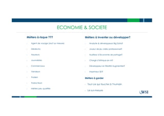 ECONOMIE & SOCIETE
Métiers à inventer ou développer?
• Analyste & développeurs Big Data?
• Joueur de jeu vidéo professionnel?
• Auditeur d’économie de partage?
• Chargé d’éthique en IA?
• Développeur en Réalité Augmentée?
• Imprimeur 3D?
Métiers à risque ???
• Agent de voyage (sauf sur mesure)
• Médecins
• Assureurs
• Journalistes
• Commerciaux
• Vendeurs
• Traders
• Traducteurs
• Métiers peu qualifiés
Métiers à garder
• Tout ce qui touche à l’humain
• Le sur-mesure
 