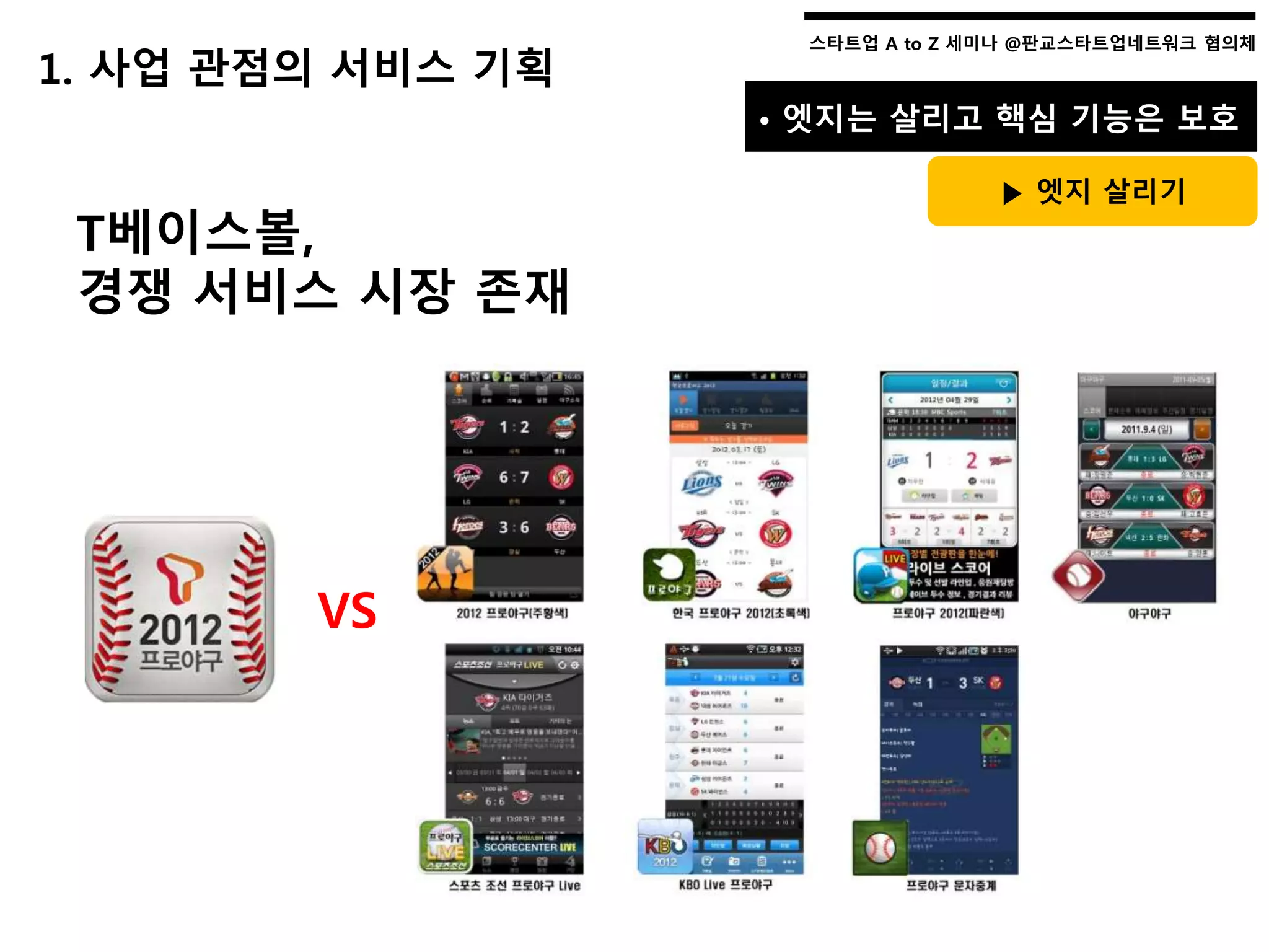 스타트업 A to Z 세미나 @판교스타트업네트워크 협의체스타트업 A to Z 세미나 @판교스타트업네트워크 협의체
1. 사업 관점의 서비스 기획
• 엣지는 살리고 핵심 기능은 보호
▶ 엣지 살리기
T베이스볼,
경쟁 서비스 시장 존재
VS
 