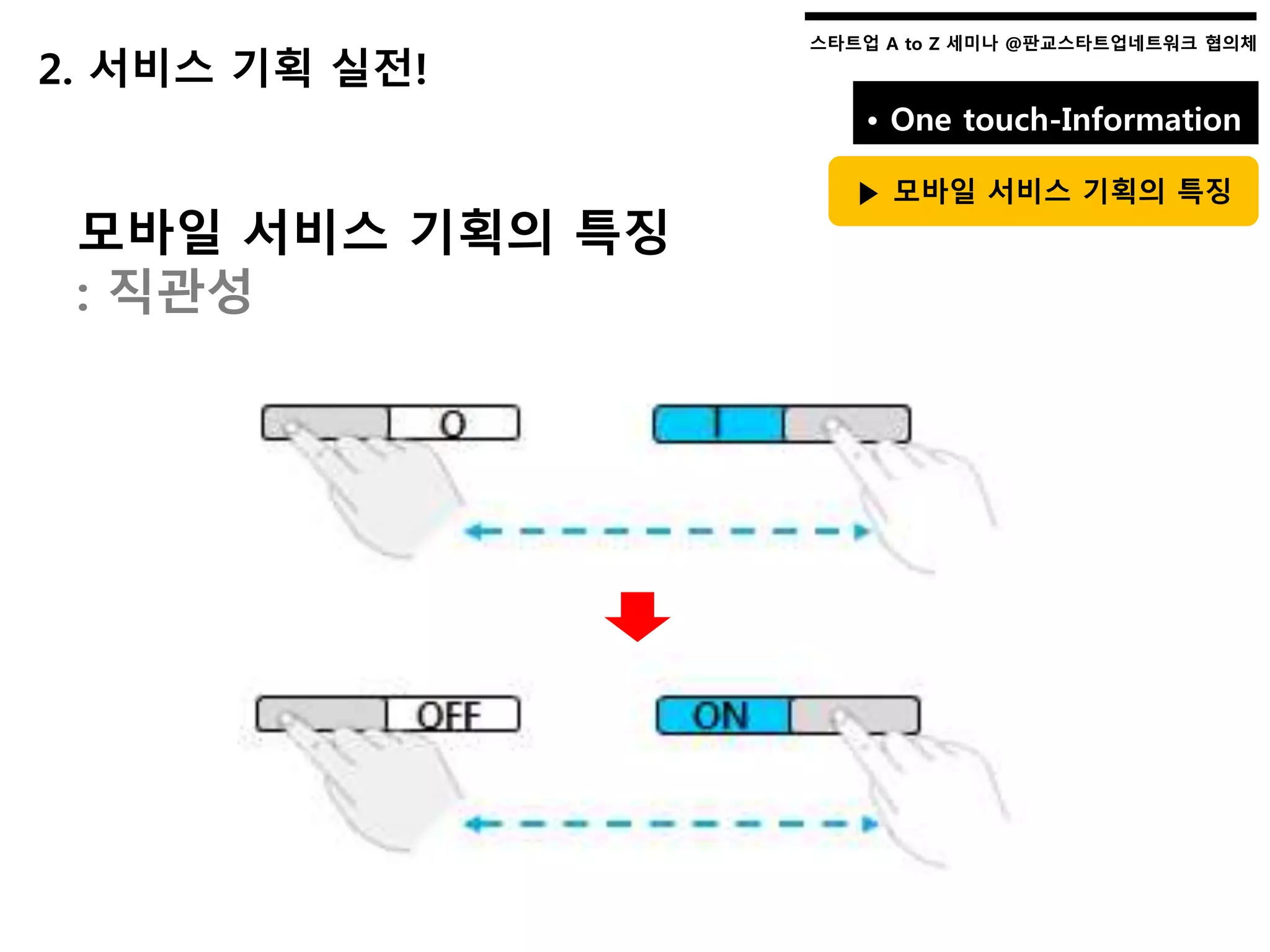 스타트업 A to Z 세미나 @판교스타트업네트워크 협의체스타트업 A to Z 세미나 @판교스타트업네트워크 협의체
• One touch-Information
▶ 모바일 서비스 기획의 특징
모바일 서비스 기획의 특징
: 직관성
2. 서비스 기획 실전!
 