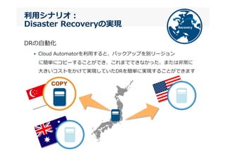 利利⽤用シナリオ：
Disaster  Recoveryの実現
DRの⾃自動化
•  Cloud  Automatorを利利⽤用すると、バックアップを別リージョン
に簡単にコピーすることができ、これまでできなかった、または⾮非常に
⼤大きいコストをかけて実現していたDRを簡単に実現することができます
COPY
 