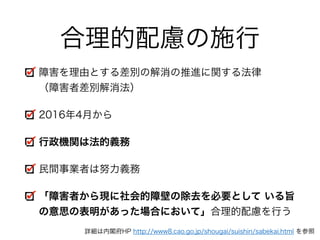 合理的配慮の施行
障害を理由とする差別の解消の推進に関する法律 
（障害者差別解消法）
2016年4月から
行政機関は法的義務
民間事業者は努力義務
「障害者から現に社会的障壁の除去を必要として いる旨
の意思の表明があった場合において」合理的配慮を行う
詳細は内閣府HP http://www8.cao.go.jp/shougai/suishin/sabekai.html を参照
 