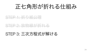 正七角形が折れる仕組み
STEP 1: 折り紙公理
STEP 2: 放物線が折れる
STEP 3: 三次方程式が解ける
34
 