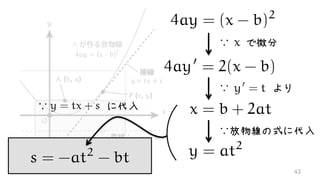 4ay = (x - b)2
x = b + 2at
∵　　　 よりy0
= t
y = at2
∵放物線の式に代入
4ay0
= 2(x - b)
∵ で微分4ay = (x - b)2
s = -at2
- bt
∵　　　　　 に代入y = tx + s
43
 