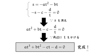 s = -at2
- bt
-s - c -
d
t
= 0
at2
+ bt - c -
d
t
= 0
∵ を消去s = -at2
- bt
∵両辺に をかけるs = -at2
- bt
at3
+ bt2
- ct - d = 0 完成！
45
 
