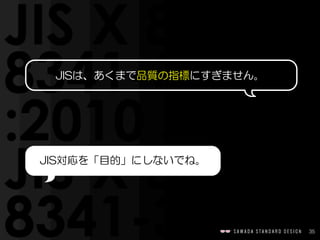 35
JISは、あくまで品質の指標にすぎません。
JIS対応を「目的」にしないでね。
 