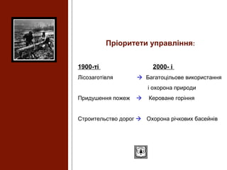 Пріоритети управління:
1900-ті 2000- і
Лісозаготівля  Багатоцільове використання
і охорона природи
Придушення пожеж  Кероване горіння
Строительство дорог  Охорона річкових басейнів
 