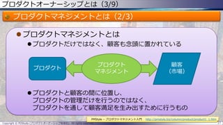 プロダクトオーナーシップとは（3/9）
プロダクトマネジメントとは（2/3）
 プロダクトマネジメントとは
 プロダクトだけではなく、顧客も念頭に置かれている
 プロダクトと顧客の間に位置し、
プロダクトの管理だけを行うのではなく、
プロダクトを通して顧客満足を生み出すために行うもの
Copyright © POStudy (プロダクトオーナーシップ勉強会). All rights reserved. 27
PMStyle – プロダクトマネジメント入門 http://pmstyle.biz/column/product/product1_1.htm
プロダクト
マネジメント
プロダクト
顧客
（市場）
 