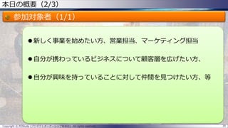 本日の概要（2/3）
参加対象者（1/1）
 新しく事業を始めたい方、営業担当、マーケティング担当
 自分が携わっているビジネスについて顧客層を広げたい方、
 自分が興味を持っていることに対して仲間を見つけたい方、等
39Copyright © POStudy (プロダクトオーナーシップ勉強会). All rights reserved.
 