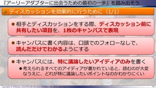 『アーリーアダプターに出会うための最初の一歩』を踏み出そう
ディスカッションを効果的に行うために（1/1）
 相手とディスカッションをする際、ディスカッション前に
共有したい項目を、1枚のキャンバスで表現
 キャンバスに書く内容は、口頭でのフォローなしで、
読んだだけでわかるようにする
 キャンバスには、特に議論したいアイディアのみを書く
 考えられるすべてのアイディアが書かれていると、読むのが大変
なうえに、どれが特に議論したいポイントなのかわかりにくい
Copyright © POStudy (プロダクトオーナーシップ勉強会). All rights reserved. 45
 