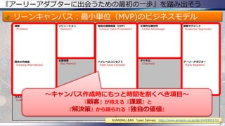 『アーリーアダプターに出会うための最初の一歩』を踏み出そう
リーンキャンバス：最小単位（MVP)のビジネスモデル
課題
（Problem）
既存の代替品
（Existing Alternatives）
ソリューション
（Solution）
独自の価値提案（UVP）
（Unique Value Proposition）
ハイレベルコンセプト
（High-Level Concept）
圧倒的な優位性
（Unfair Advantage）
顧客セグメント
（Customer Segments）
アーリーアダプター
（Early Adopters）
主要指標
（Key Metrics）
チャネル
（Channels）
コスト構造
（Cost Structure）
収益の流れ
（Revenue Streams）
57
RUNNING LEAN 「Lean Canvas」 http://www.amazon.co.jp/dp/1449305172/
～キャンバス作成時にもっと時間を割くべき項目～
『顧客』が抱える『課題』と
『解決策』から得られる『独自の価値』
 