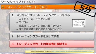 ワークショップ#1（3/3）
トレーディングカード（3/3）
1. 自分を紹介するトレーディングカードを作る
– ニックネーム、キャッチコピー
– アバター
– 得意技（スキル）、秘密兵器（ツール）
– ほかの参加者が知らなさそうなひとこと
2. トレーディングカードを回して読む
3. トレーディングカードの作成者に質問する
Copyright © POStudy (プロダクトオーナーシップ勉強会). All rights reserved. 64
Hamackathon ideathon 2014.02.22 http://www.slideshare.net/mackato/hamackathon-ideathon20140222
 