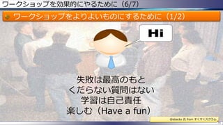 ワークショップを効果的にやるために（6/7）
ワークショップをよりよいものにするために（1/2）
75
失敗は最高のもと
くだらない質問はない
学習は自己責任
楽しむ（Have a fun）
@ebacky 氏 from すくすくスクラム
 