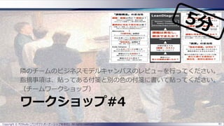 ワークショップ#4
隣のチームのビジネスモデルキャンバスのレビューを行ってください。
指摘事項は、貼ってある付箋と別の色の付箋に書いて貼ってください。
（チームワークショップ）
81Copyright © POStudy (プロダクトオーナーシップ勉強会). All rights reserved.
 