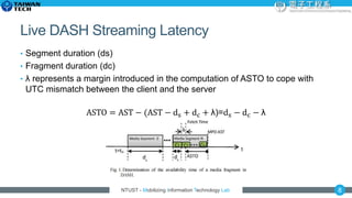 NTUST - Mobilizing Information Technology Lab
Live DASH Streaming Latency
• Segment duration (ds)
• Fragment duration (dc)...
