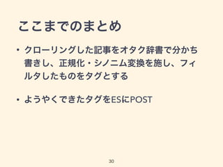 ここまでのまとめ
• クローリングした記事をオタク辞書で分かち
書きし、正規化・シノニム変換を施し、フィ
ルタしたものをタグとする
• ようやくできたタグをESにPOST
30
 