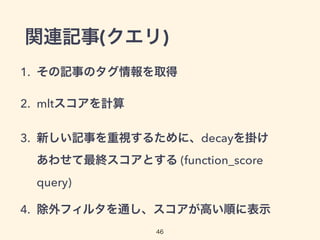 関連記事(クエリ)
1. その記事のタグ情報を取得
2. mltスコアを計算
3. 新しい記事を重視するために、decayを掛け
あわせて最終スコアとする (function_score
query)
4. 除外フィルタを通し、スコアが高い順に表示
46
 