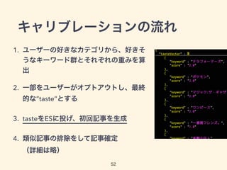キャリブレーションの流れ
1. ユーザーの好きなカテゴリから、好きそ
うなキーワード群とそれぞれの重みを算
出
2. 一部をユーザーがオプトアウトし、最終
的な”taste”とする
3. tasteをESに投げ、初回記事を生成
4. 類似記事の排除をして記事確定 
（詳細は略）
52
 
