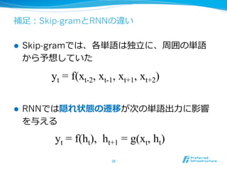 補⾜足：Skip-gramとRNNの違い
l  Skip-gramでは、各単語は独⽴立立に、周囲の単語
から予想していた
l  RNNでは隠れ状態の遷移が次の単語出⼒力力に影響
を与える
38	
yt = f(ht), ht+1 = g(x...