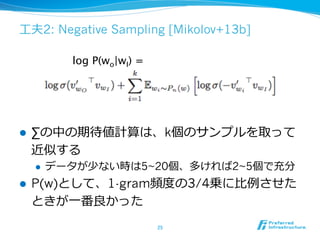 ⼯工夫2: Negative Sampling [Mikolov+13b]
l  ∑の中の期待値計算は、k個のサンプルを取って
近似する
l  データが少ない時は5~20個、多ければ2~5個で充分
l  P(w)として、1-gram頻度度の3/4乗に⽐比例例させた
ときが⼀一番良良かった
25	
log P(wo|wI) =	
 