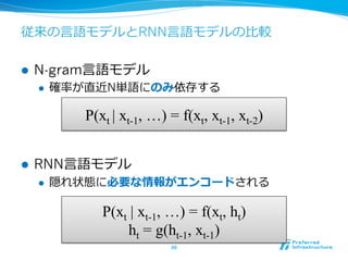 従来の⾔言語モデルとRNN⾔言語モデルの⽐比較
l  N-gram⾔言語モデル
l  確率率率が直近N単語にのみ依存する
l  RNN⾔言語モデル
l  隠れ状態に必要な情報がエンコードされる
46	
P(xt | xt-1, …) = f(xt, xt-1, xt-2)
P(xt | xt-1, …) = f(xt, ht)
ht = g(ht-1, xt-1)
 