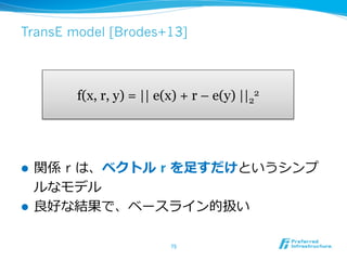 TransE model [Brodes+13]
l  関係  r は、ベクトル r を⾜足すだけというシンプ
ルなモデル
l  良良好な結果で、ベースライン的扱い
75	
f(x, r, y) = || e(x) + r – e(y) ||2
2
 