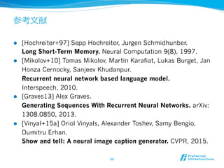 参考⽂文献
l  [Hochreiter+97] Sepp Hochreiter, Jurgen Schmidhunber.
Long Short-Term Memory. Neural Computation 9(8), 1997.
l  [Mikolov+10] Tomas Mikolov, Martin Karafiat, Lukas Burget, Jan
Honza Cernocky, Sanjeev Khudanpur.
Recurrent neural network based language model.
Interspeech, 2010.
l  [Graves13] Alex Graves.
Generating Sequences With Recurrent Neural Networks. arXiv:
1308.0850, 2013.
l  [Vinyal+15a] Oriol Vinyals, Alexander Toshev, Samy Bengio,
Dumitru Erhan.
Show and tell: A neural image caption generator. CVPR, 2015.
99	
 