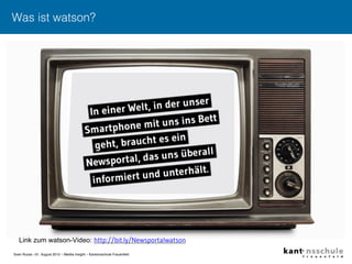 Sven Ruoss –31. August 2015 – Mediia Insight – Kantonsschule Frauenfeld"
Was ist watson?
Link zum watson-Video: http://bit...