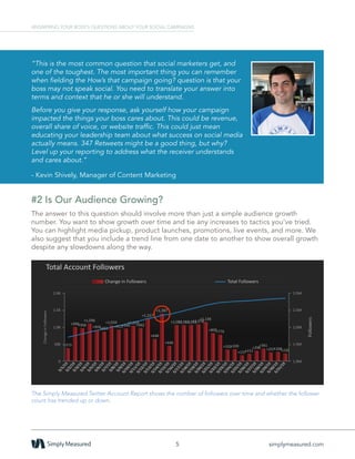 #2 Is Our Audience Growing?
The answer to this question should involve more than just a simple audience growth
number. You want to show growth over time and tie any increases to tactics you’ve tried.
You can highlight media pickup, product launches, promotions, live events, and more. We
also suggest that you include a trend line from one date to another to show overall growth
despite any slowdowns along the way.
The Simply Measured Twitter Account Report shows the number of followers over time and whether the follower
count has trended up or down.
5 simplymeasured.com
ANSWERING YOUR BOSS’S QUESTIONS ABOUT YOUR SOCIAL CAMPAIGNS
“This is the most common question that social marketers get, and
one of the toughest. The most important thing you can remember
when fielding the How’s that campaign going? question is that your
boss may not speak social. You need to translate your answer into
terms and context that he or she will understand.
Before you give your response, ask yourself how your campaign
impacted the things your boss cares about. This could be revenue,
overall share of voice, or website traffic. This could just mean
educating your leadership team about what success on social media
actually means. 347 Retweets might be a good thing, but why?
Level up your reporting to address what the receiver understands
and cares about.”
- Kevin Shively, Manager of Content Marketing
 