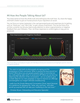 #4 How Are People Talking About Us?
Your boss wants to know the whole truth and nothing but the truth here. So, share the happy
and harsh chatter to give an honest picture of your reputation on social.
You can focus on certain keywords in the user-generated posts and responses you’re getting,
such as “thank you” and “don’t like” to get a sense of sentiment. This can be more of an
art than a science, but do your best to pay attention to what is typical positive or negative
feedback from your followers. Then, tie those responses to content types or copy you’ve
produced.
The Simply Measured Facebook Insights with Ads Report shows post impressions and highlights specific instances
of negative feedback.
9 simplymeasured.com
ANSWERING YOUR BOSS’S QUESTIONS ABOUT YOUR SOCIAL CAMPAIGNS
“You want to look both at what people are saying and the
temperature of their comments. What is causing the buzz around our
brand? What about you are people people drawn to and what are
you really getting right, both on social and off? What can we learn by
observing the direction of the conversation - can our audience give
us fresh ideas for our next campaign or ways to improve our offerings
and strengthen our image? Ultimate crowdsourcing.
I really love the Simply Measured Conversation Driver report because
it’s a goldmine for gauging the “what, why, and how,” and often
serves up surprises that can take your marketing to the next level.”
- Christian Brown, Onboarding and Education Specialist
 