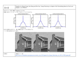 【111】
Hangfan Liu, Ruiqin Xiong, Jian Zhang and Wen Gao, “Image Denoising via Adaptive Soft-Thresholding Based on Non-Local
Samples”, in CVPR2015.
信号モデルと緩い閾値で denoise する手法
画像に発生しているノイズを，信号としてモデル化する．
信号の係数を求めたら，緩い閾値を設けてそれを除去する．
ノイズ除去結果が以下の通り．
Link(s) 【論文ページ】
http://www.cv-foundation.org/openaccess/content_cvpr_2015/papers/Liu_Image_Denoising_via_2015_CVPR_paper.pdf
 