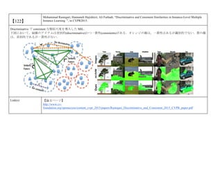 【122】
Mohammad Rastegari, Hannaneh Hajishirzi, Ali Farhadi, “Discriminative and Consistent Similarities in Instance-Level Multiple
Instance Learning ”, in CVPR2015.
Discriminative で consistent な類似尺度を導入した MIL．
下図において，緑線のアイテムは差別的(discriminative)かつ一貫性(consistents)がある．オレンジの線は，一貫性はあるが識別的でない．紫の線
は，差別的であるが一貫性がない．
Link(s) 【論文ページ】
http://www.cv-
foundation.org/openaccess/content_cvpr_2015/papers/Rastegari_Discriminative_and_Consistent_2015_CVPR_paper.pdf
 