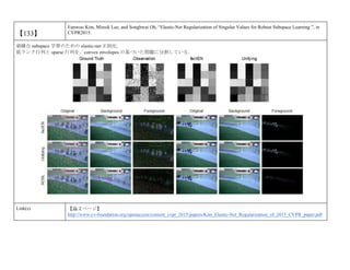 【133】
Eunwoo Kim, Minsik Lee, and Songhwai Oh, “Elastic-Net Regularization of Singular Values for Robust Subspace Learning ”, in
CVPR2015.
頑健な subspace 学習のための elastic-net 正則化．
低ランク行列と sparse 行列を，convex envelopes の基づいた問題に分割している．
Link(s) 【論文ページ】
http://www.cv-foundation.org/openaccess/content_cvpr_2015/papers/Kim_Elastic-Net_Regularization_of_2015_CVPR_paper.pdf
 