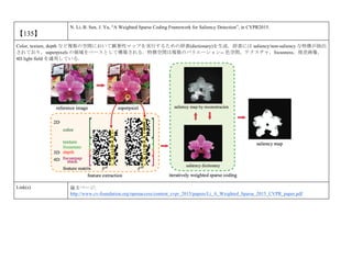 【135】
N. Li, B. Sun, J. Yu, “A Weighted Sparse Coding Framework for Saliency Detection”, in CVPR2015.
Color, texture, depth など複数の空間において顕著性マップを実行するための辞書(dictionary)を生成．辞書には saliency/non-saliency な特徴が抽出
されており，superpixels の領域をベースとして構築される．特徴空間は複数のバリエーション-- 色空間，テクスチャ，focusness，視差画像，
4D light field を適用している．
Link(s) 論文ページ:
http://www.cv-foundation.org/openaccess/content_cvpr_2015/papers/Li_A_Weighted_Sparse_2015_CVPR_paper.pdf
 