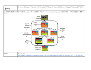 【150】
M. Lam, J. R. Doppa, S. Todorovic, T. G. Dietterich, “HC-Search for Structured Prediction in Computer Vision”, in CVPR2015.
自然言語処理で有効な手法である HC-Search を用いて意味的セグメンテーション(semantic segmentation)を実行する．下図が提案手法の概要で
ある．
Link(s) 論文ページ:
http://www.cv-foundation.org/openaccess/content_cvpr_2015/papers/Lam_HC-Search_for_Structured_2015_CVPR_paper.pdf
 