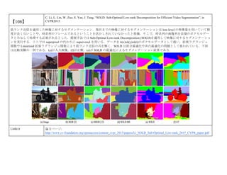 【108】
C. Li, L. Lin, W. Zuo, S. Yan, J. Tang, “SOLD: Sub-Optimal Low-rank Decomposition for Efficient Video Segmentation”, in
CVPR2015.
低ランク近似を適用した映像に対するセグメンテーション．現在までの映像に対するセグメンテーションは low-level の特徴量を用いていて精
度が良くないことや，時系列のフレームであるということを活かしきれていなかったと指摘．そこで，時系列の画像列を長期のボクセルデー
タとみなして処理する必要があるとした．提案手法では Sub-Optimal Low-rank Decomposition (SOLD)を適用して映像に対するセグメンテーショ
ンを実行する．ここでは superpixel の代わりに supervoxel を用いる．データを 6(x)x6(y)x6(t)のボクセルデータとして扱い，拡張ラグランジュ
関数や Linearized 拡張ラグランジュ関数により低ランク近似の式を解く．SOLD は部分最適化や非凸最適化の問題として扱われている．下図
は比較実験の一例である．(a)が入力画像，(f)が正解，(e)が SOLD の最適化によるセグメンテーション結果である．
Link(s) 論文ページ:
http://www.cv-foundation.org/openaccess/content_cvpr_2015/papers/Li_SOLD_Sub-Optimal_Low-rank_2015_CVPR_paper.pdf
 