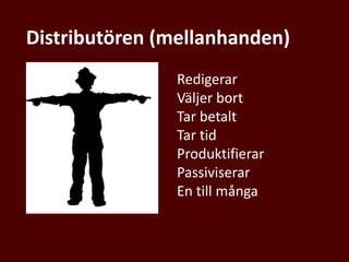 Distributören (mellanhanden)
Redigerar
Väljer bort
Tar betalt
Tar tid
Produktifierar
Passiviserar
En till många
 
