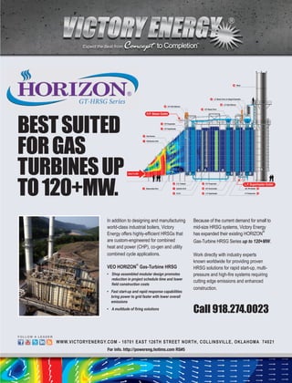 Duct Burner2
H.P. Superheater4
H.P. Evaporator5
H.P. Steam Drum15
L.P. Vent Silencer16
H.P. Vent Silencer14
L.P. Steam Drum w/ Integral Deaerator17
Distribution Grid1
Observation Port3 Injection Grid7
S.C.R.8
C.O. Catalyst6
H.P. Economizer10
L.P. Superheater11
H.P. Evaporator9
L.P. Evaporator 13
DA. Pre-Heater 12
Stack18
H.P. Steam Outlet
L.P. Superheater Outlet
BESTSUITED
FORGAS
TURBINESUP
TO120+MW.
In addition to designing and manufacturing
world-class industrial boilers, Victory
are custom-engineered for combined
combined cycle applications.
VEO HORIZON
Æ
Gas-Turbine HRSG
Because of the current demand for small to
Æ
.
Work directly with industry experts
known worldwide for providing proven
cutting edge emissions and enhanced
construction.
Call 918.274.0023
WWW.VICTORYENERGY.COM - 10701 EAST 126TH STREET NORTH, COLLINSVILLE, OKLAHOMA 74021
F O L L O W A L E A D E R
Expect the Best from
For info. http://powereng.hotims.com RS#5
 