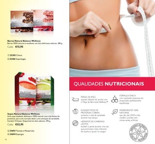 ባ
ብ
ቢ
ቤ
96
QUALIDADES NUTRICIONAIS
ቤ 24693 Tomate e Manjericão
ቢ 25385 Choco
ባ 25386 Superbagas
Barras Natural Balance Wellness
Barras 100% naturais e saudáveis, em dois deliciosos sabores. 280 g.
Cada: €15,95
Sopas Natural Balance Wellness
Uma sopa saudável, deliciosa e 100% natural, com três fontes de
proteínas, para uma nutrição ideal e uma sensação de saciedade.
Contém 14 doses. Disponível em dois sabores. 392 g.
Cada: €32,95
HIDRATOS DE CARBONO
LENTOS
facilitam a perda de peso uma vez
que promovem níveis inferiores
de insulina e açúcar no sangue
INGREDIENTES 100%
NATURAIS
que são não OGM e não
contêm corantes nem
ELEVADOTEOR DE
PROTEÍNAS E FIBRAS
aumenta o nível de saciedade
durante mais tempo
FÓRMULA ÚNICA
com nutrientes essenciais em
proporções perfeitamente
equilibradas
PERDA DE PESO
quando utilizado de acordo com
o Mapa de Bem-estar Wellness™
ብ 24694 Espargos
 