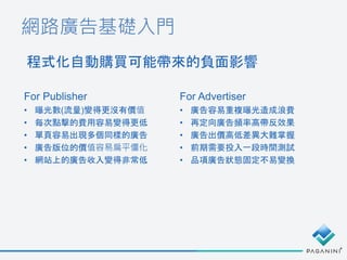 網路廣告基礎入門
程式化自動購買可能帶來的負面影響
For Publisher
• 曝光數(流量)變得更沒有價值
• 每次點擊的費用容易變得更低
• 單頁容易出現多個同樣的廣告
• 廣告版位的價值容易扁平僵化
• 網站上的廣告收入變得非常低
For Advertiser
• 廣告容易重複曝光造成浪費
• 再定向廣告頻率高帶反效果
• 廣告出價高低差異大難掌握
• 前期需要投入一段時間測試
• 品項廣告狀態固定不易變換
 