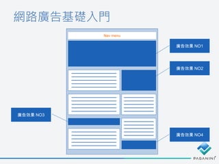 網路廣告基礎入門
廣告效果 NO1
廣告效果 NO4
廣告效果 NO3
Nav menu
廣告效果 NO2
 