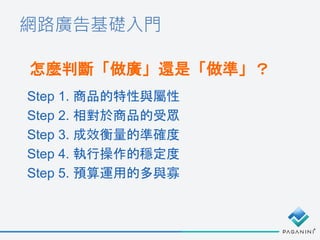 網路廣告基礎入門
怎麼判斷「做廣」還是「做準」？
Step 1. 商品的特性與屬性
Step 2. 相對於商品的受眾
Step 3. 成效衡量的準確度
Step 4. 執行操作的穩定度
Step 5. 預算運用的多與寡
 