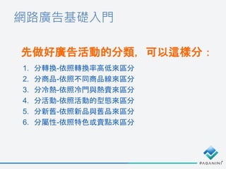 網路廣告基礎入門
先做好廣告活動的分類，可以這樣分：
1. 分轉換-依照轉換率高低來區分
2. 分商品-依照不同商品線來區分
3. 分冷熱-依照冷門與熱賣來區分
4. 分活動-依照活動的型態來區分
5. 分新舊-依照新品與舊品來區分
6. 分屬性-依照特色或賣點來區分
 