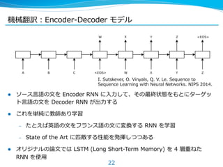機械翻訳：Encoder-‐‑‒Decoder  モデル
l  ソース⾔言語の⽂文を  Encoder  RNN  に⼊入⼒力力して、その最終状態をもとにターゲッ
ト⾔言語の⽂文を  Decoder  RNN  が出⼒力力する
l  これを...
