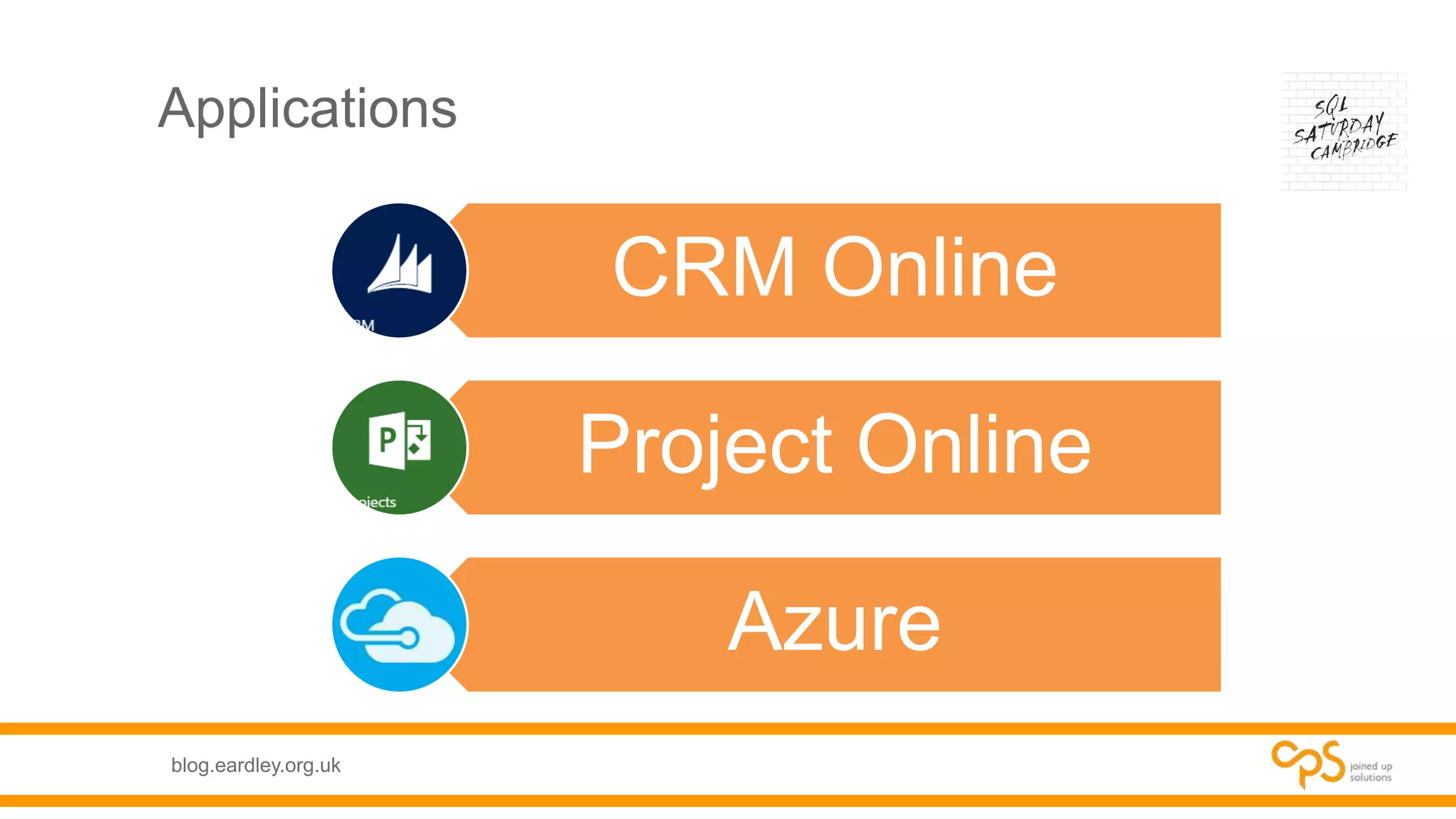 blog.eardley.org.uk
Applications
CRM Online
Project Online
Azure
 
