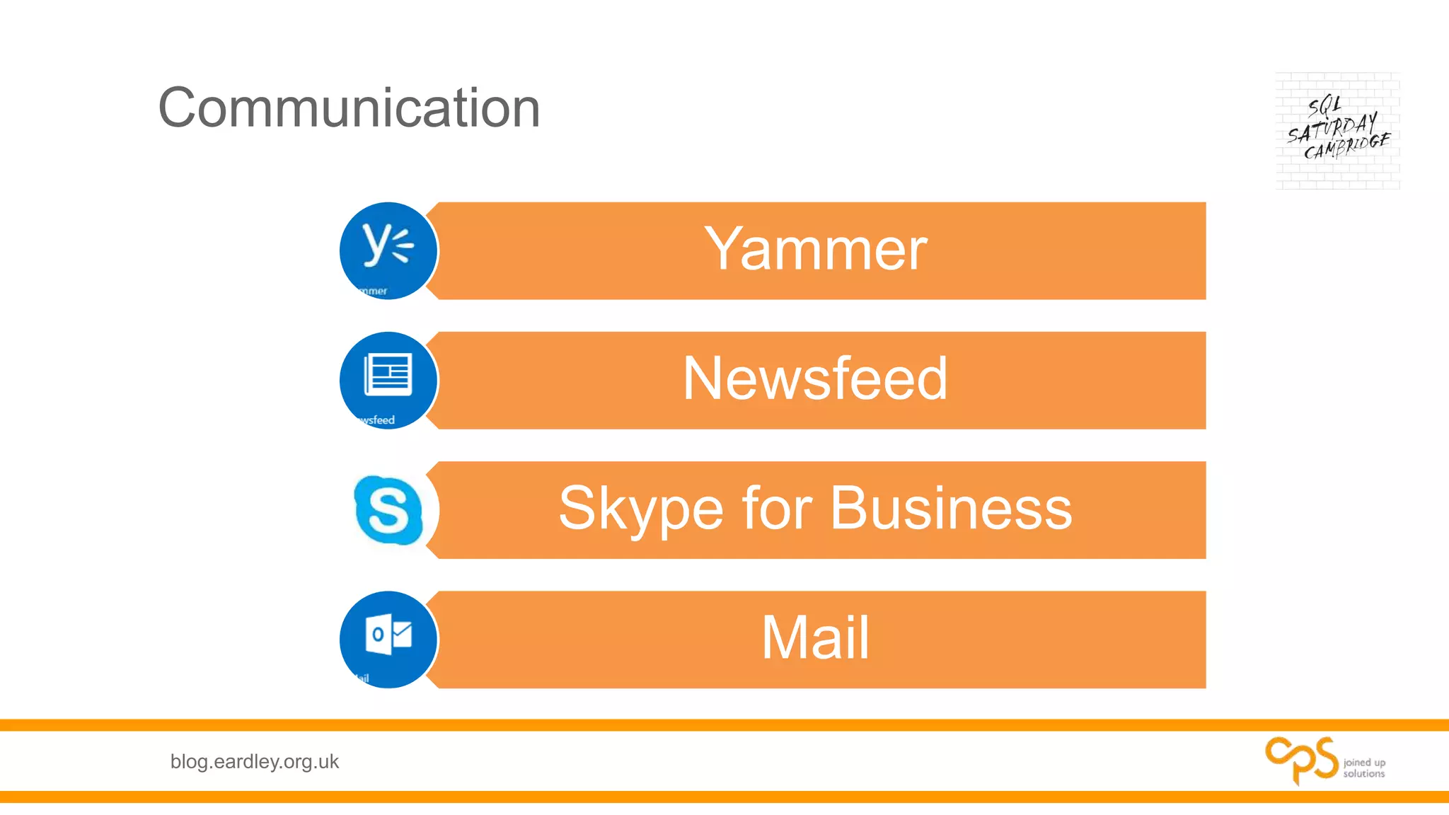 blog.eardley.org.uk
Communication
Yammer
Newsfeed
Skype for Business
Mail
 