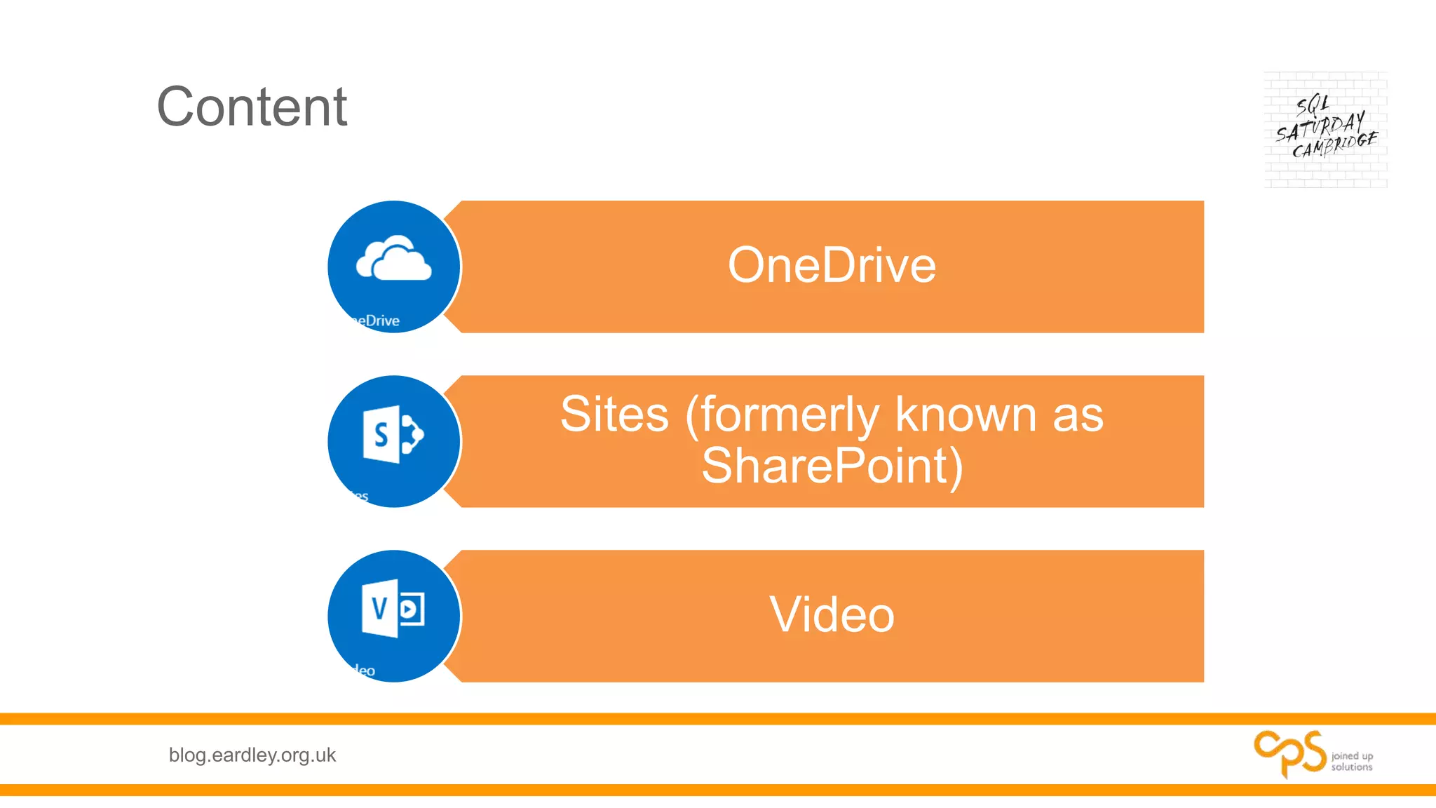 blog.eardley.org.uk
Content
OneDrive
Sites (formerly known as
SharePoint)
Video
 
