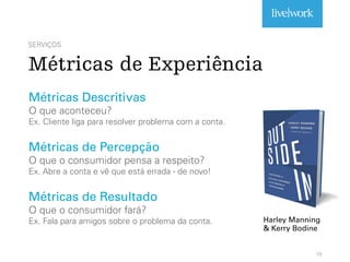 SERVIÇOS
Métricas de Experiência
19
Harley Manning
& Kerry Bodine
Métricas Descritivas
O que aconteceu?
Ex. Cliente liga para resolver problema com a conta.
Métricas de Percepção
O que o consumidor pensa a respeito?
Ex. Abre a conta e vê que está errada - de novo!
Métricas de Resultado
O que o consumidor fará?
Ex. Fala para amigos sobre o problema da conta.
 