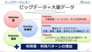 ビッグデータとは？
17(C) Recruit Technologies Co.,Ltd. All rights reserved.
ビッグデータ＝大量データ
Volume
量
Variety
多様性
Velocity
速度
Volume
行動履歴・ソーシャル・センサ(GPS)等
Variety
構造化データだけでなく、
文書・画像・動画・音声などの非構造データ
Velocity
リアルタイムに発生するCSの嗜好データ
スマホ/アプリデータ
利用者・利用パターンの増加
 